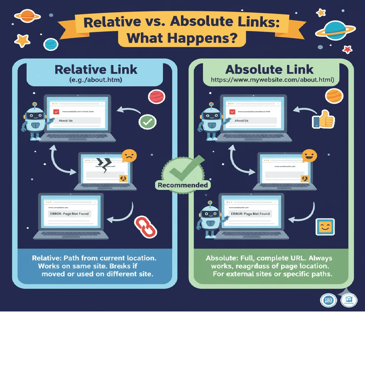 What happens if you use a relative link instead of an absolute link?