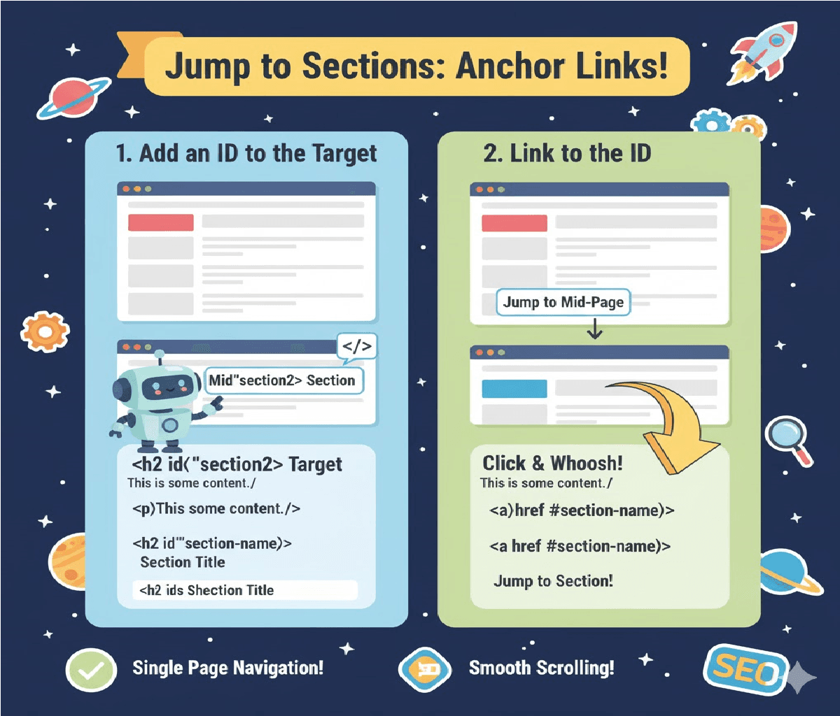 How do you create an anchor link that jumps to a specific section on the same page?