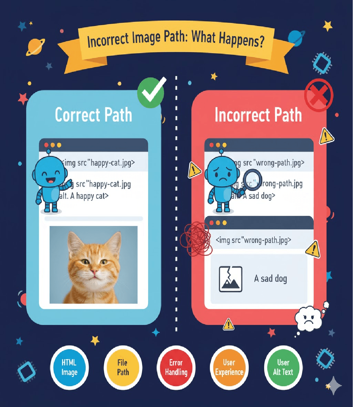 What happens if the image path in the <img> tag is incorrect?