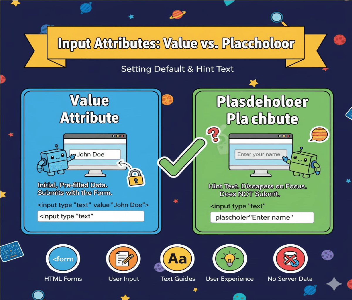 What is the difference between the value and placeholder attributes in an input field?