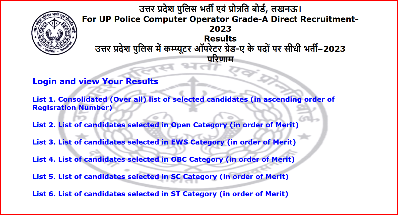 Uttar Pradesh Police Computer Operator Recruitment 2023 Final Result Declared for 985 Vacancies