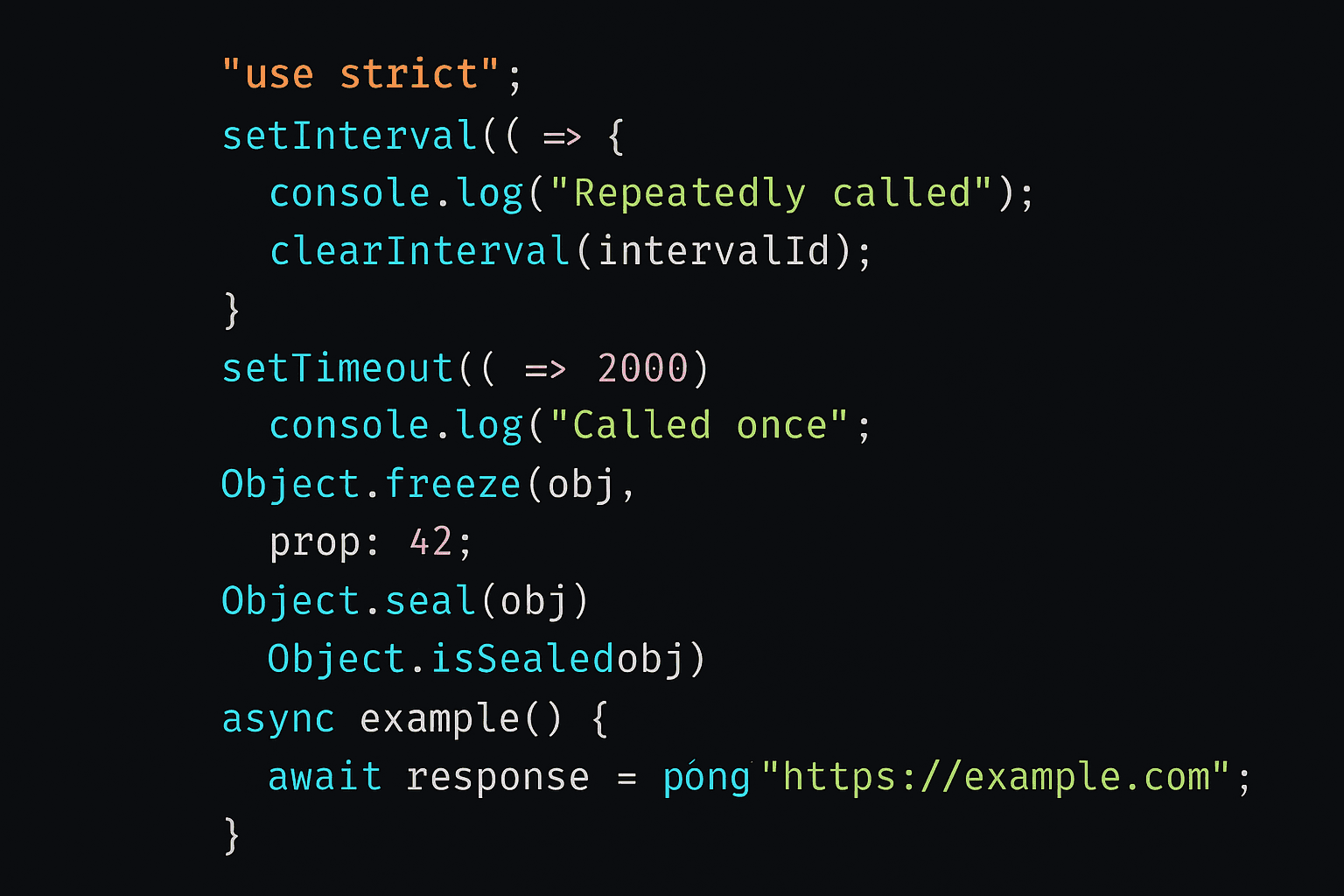 JavaScript use of `use strict`, setInterval, clearInterval(), setTimeout, Object.freeze(), Object.seal(), Object.isSealed(), async keyword, await keyword