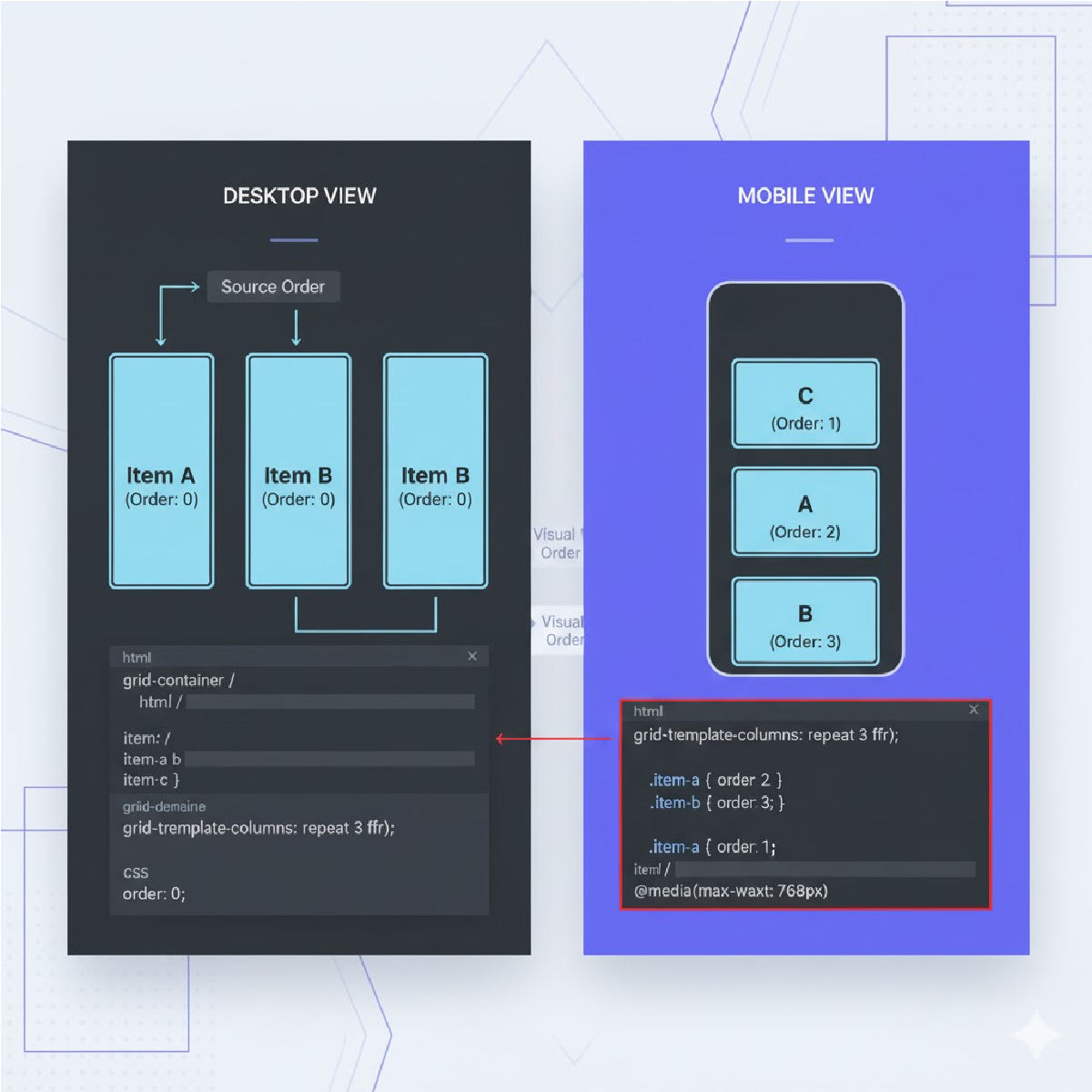How would you reorder grid items on mobile without changing the HTML structure?