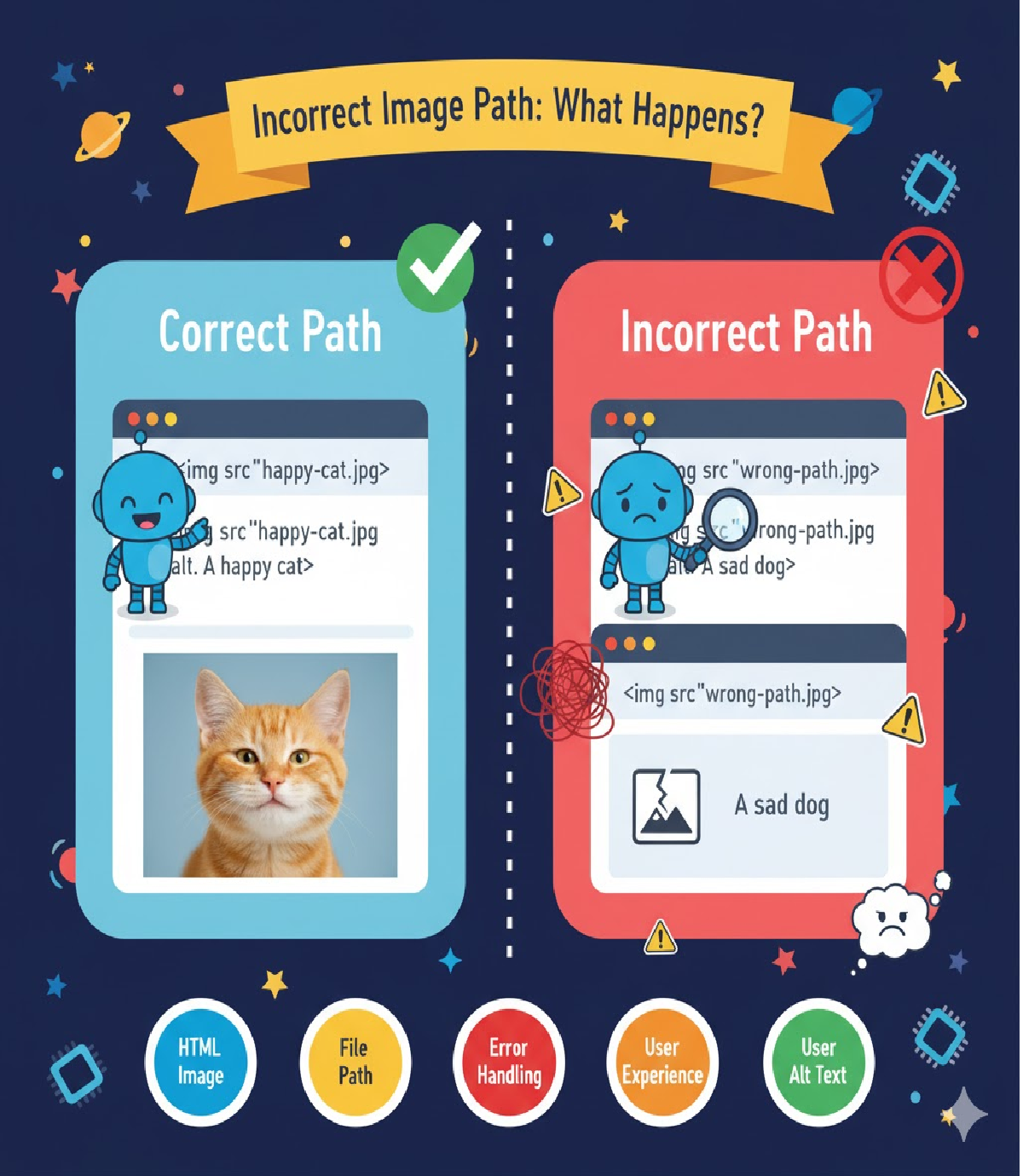 What happens if the image path in the <img> tag is incorrect?
