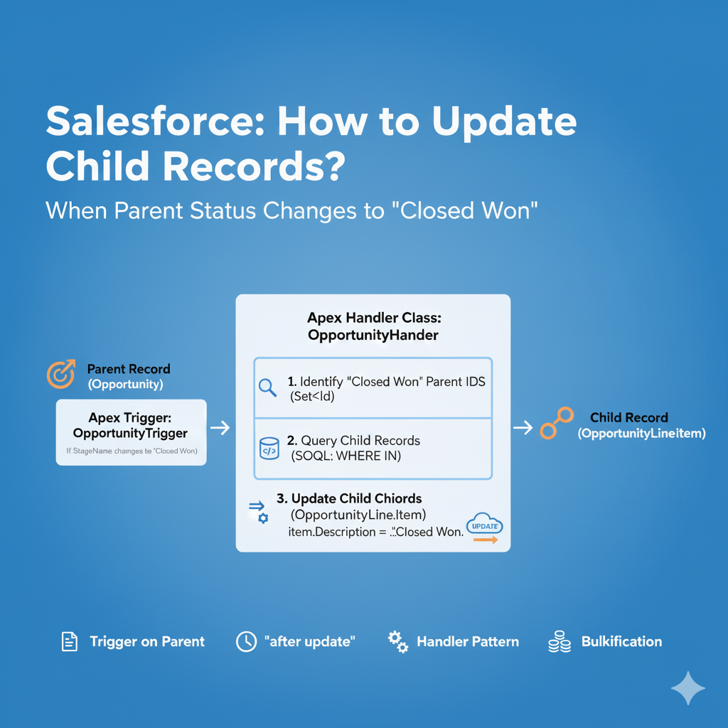 Salesforce How You need to update a related child record whenever a parent record’s status changes, but only if the status is “Closed Won.” How would you design this in Apex?