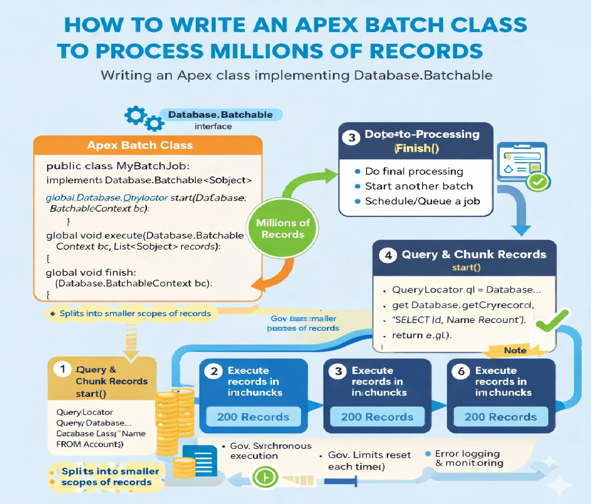 How do you write an Apex class to process batch jobs that handle millions of records efficiently?