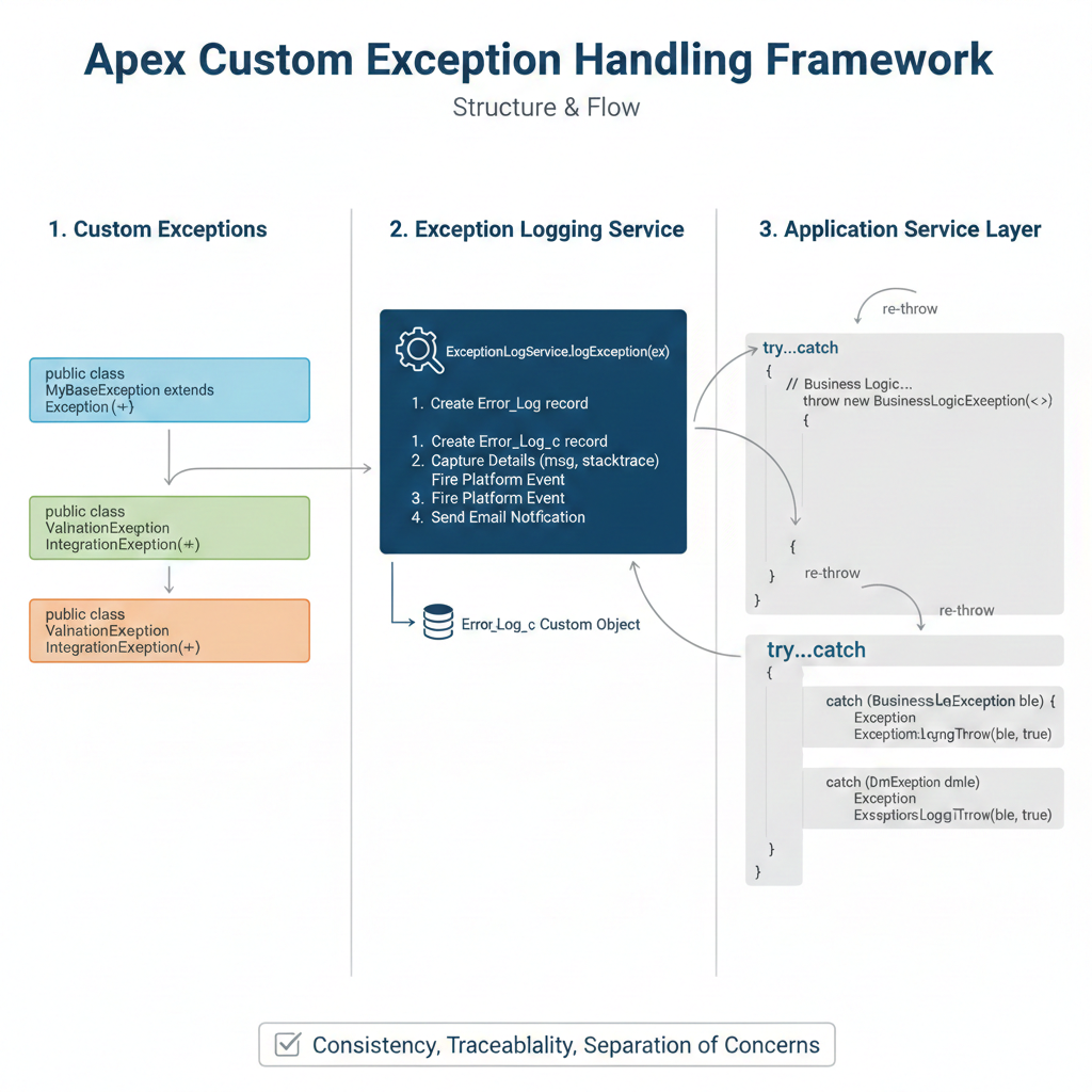 How would you implement a custom exception handling framework in Apex?