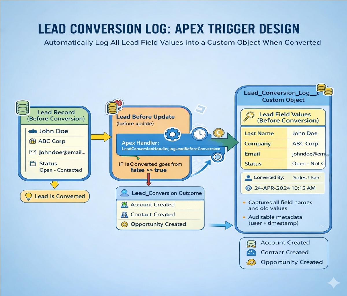 When a Lead is converted, a custom object Lead_Conversion_Log__c should store all field values of the Lead before conversion. What Apex logic could ensure this happens correctly?