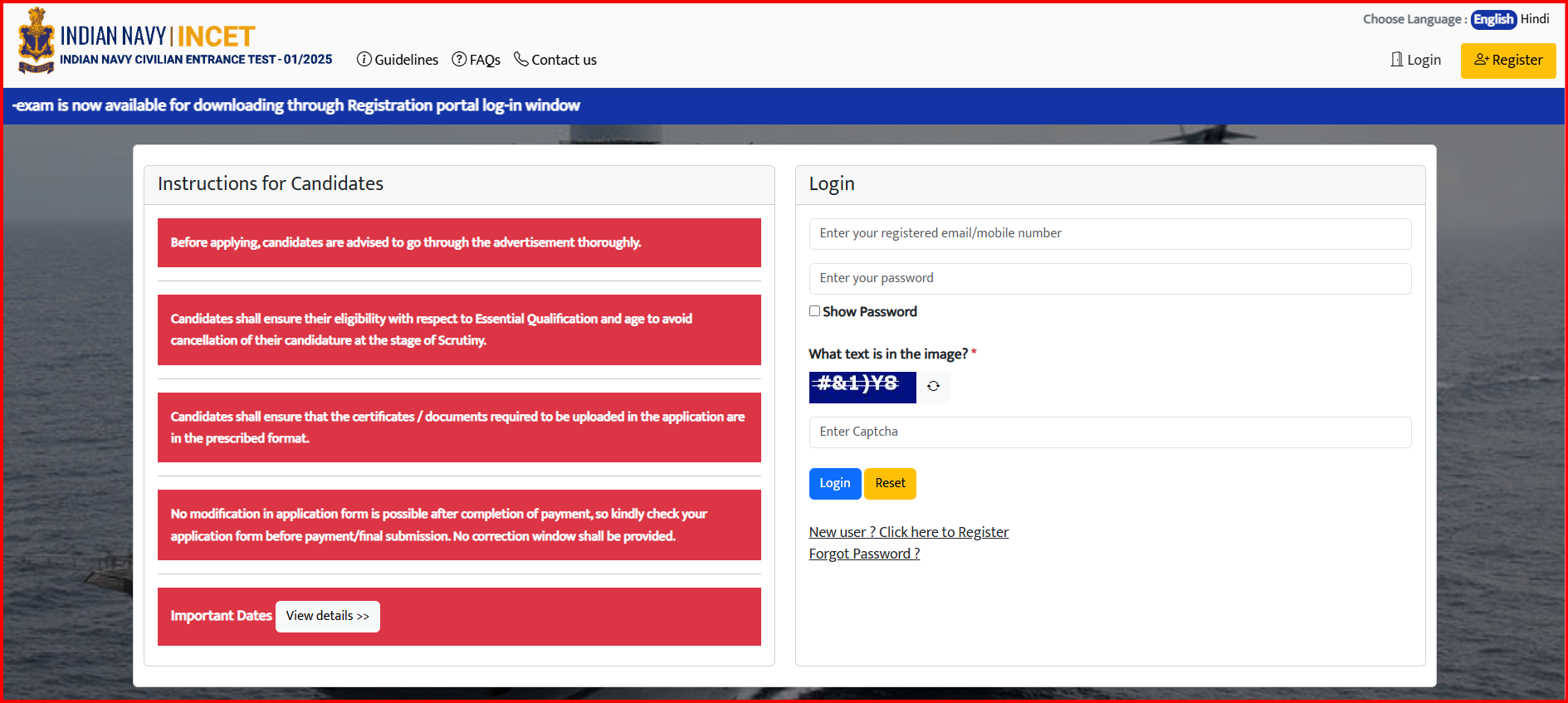 Indian Navy Civilian INCET 01/2025 Re-Exam Admit Card Released